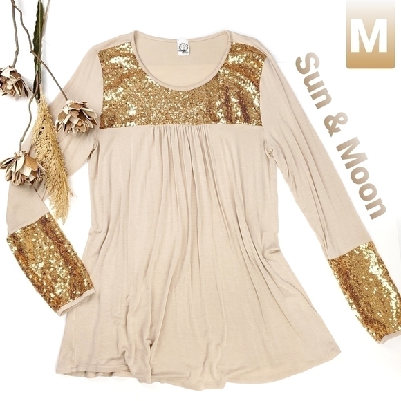 Sun & Moon 95% Rayon Sequined Cream Tunic Top M - Picture 1 of 8